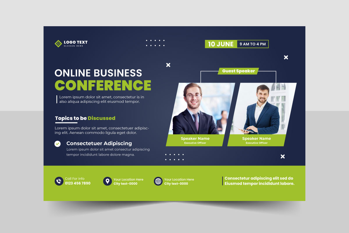 Online business conference event flyer or live webinar horizontal invitation banner template