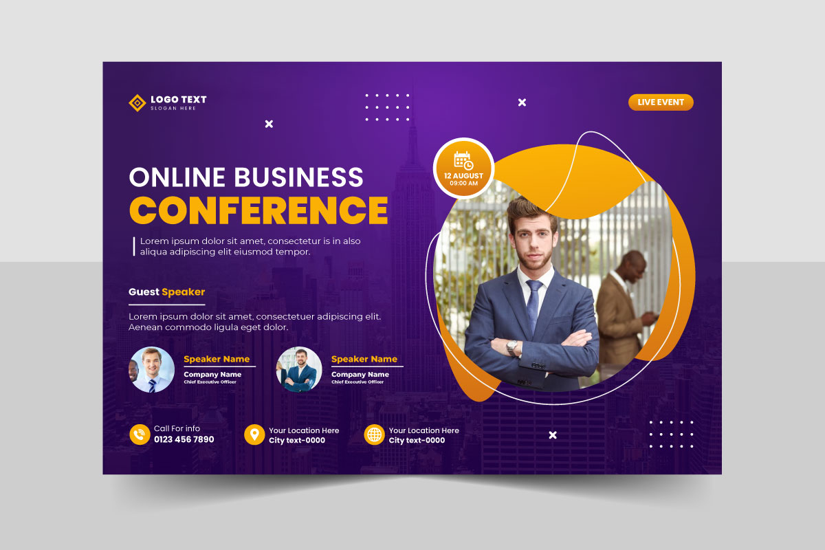 Abstract online business conference event flyer or live webinar invitation banner template