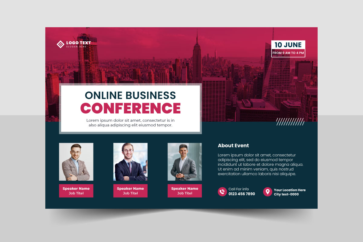 Online business conference invitation banner or live webinar horizontal event flyer template