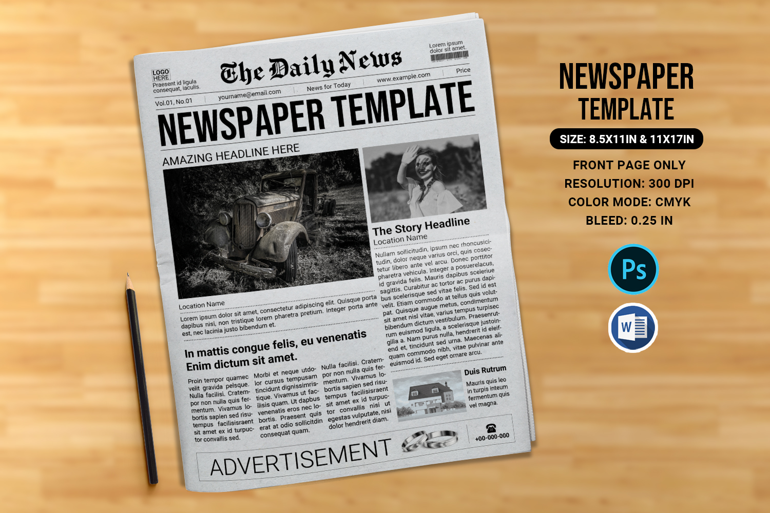 One Page Newspaper Template, Ms Word and Photoshop