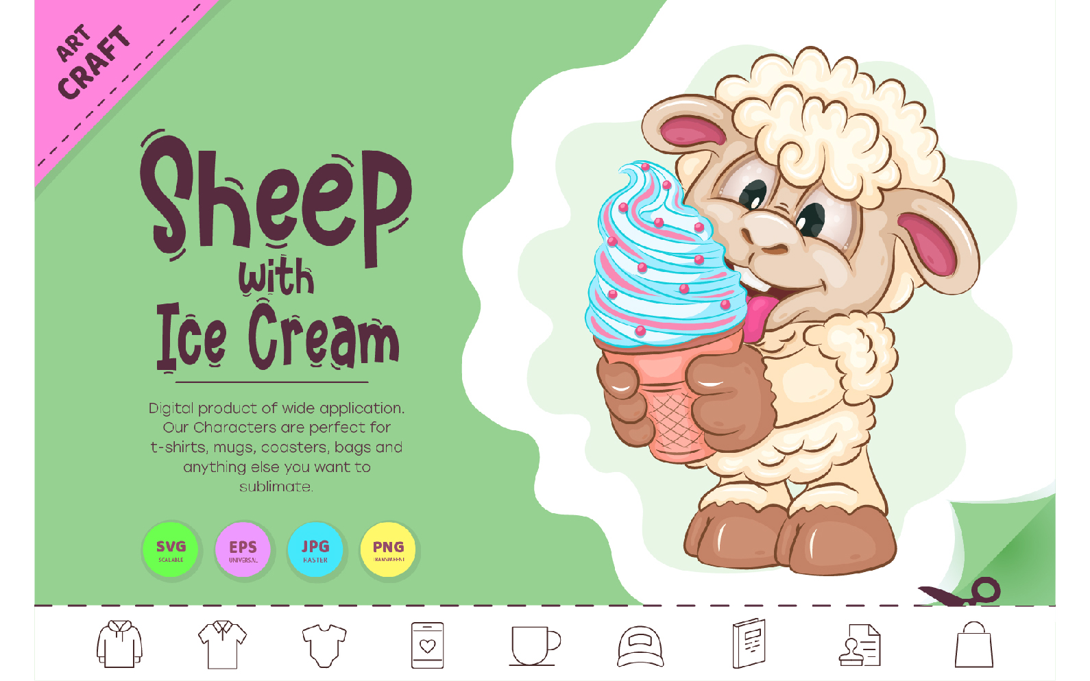 Cartoon Sheep with Ice Cream. Clipart.