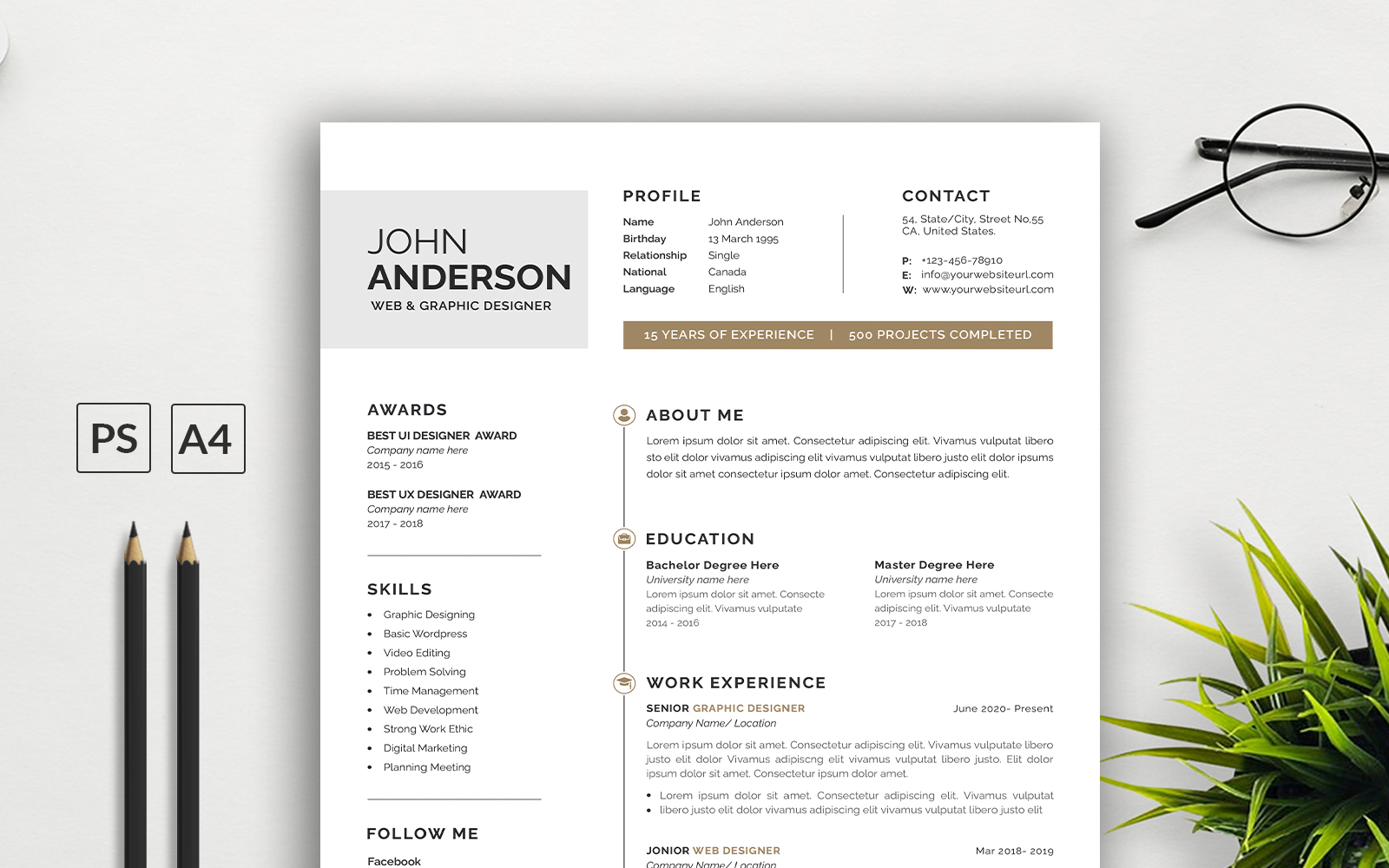 CV Resume Template with Cover Letter for psd