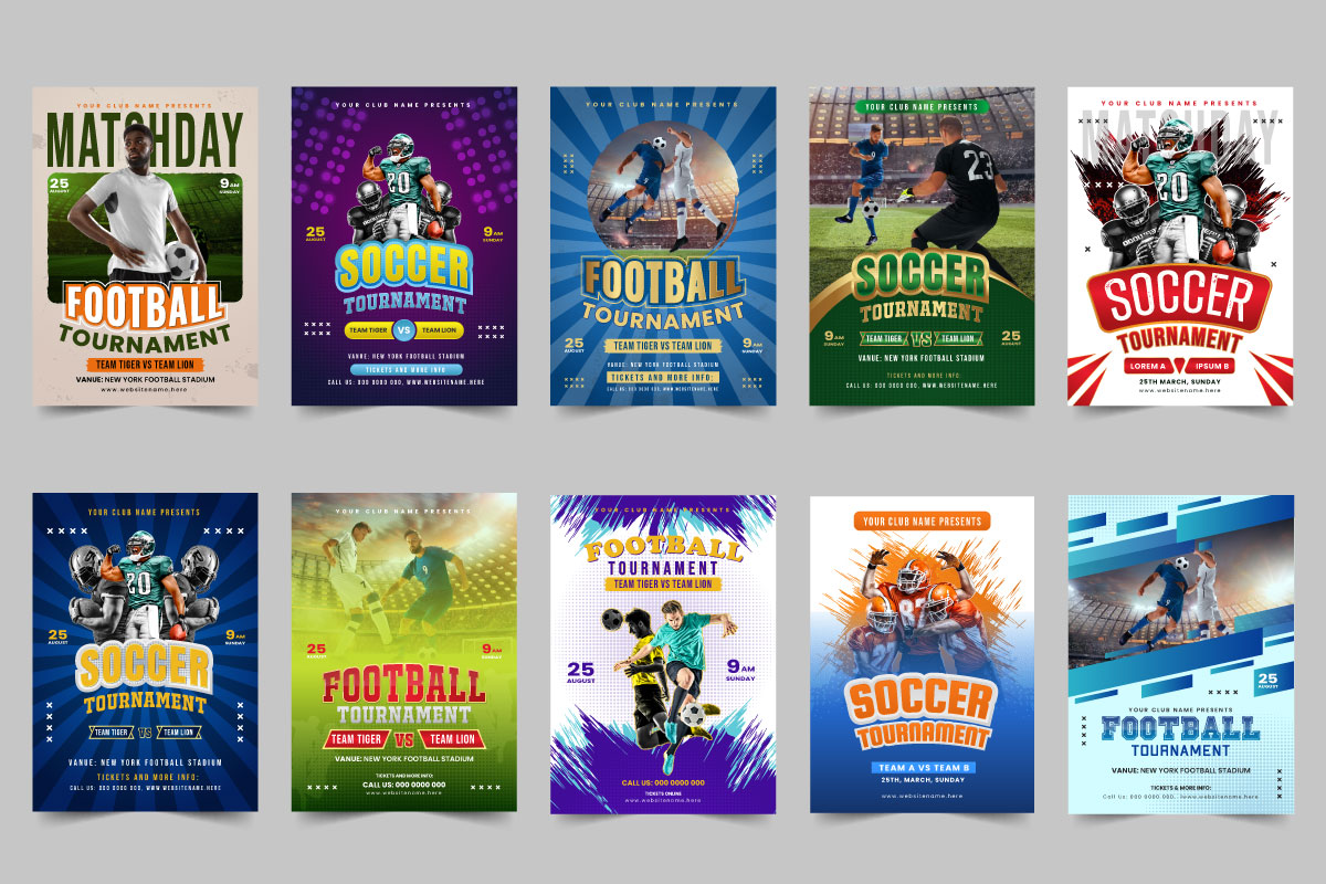 Sports event poster layout design template bundle and football tournament flyer design set