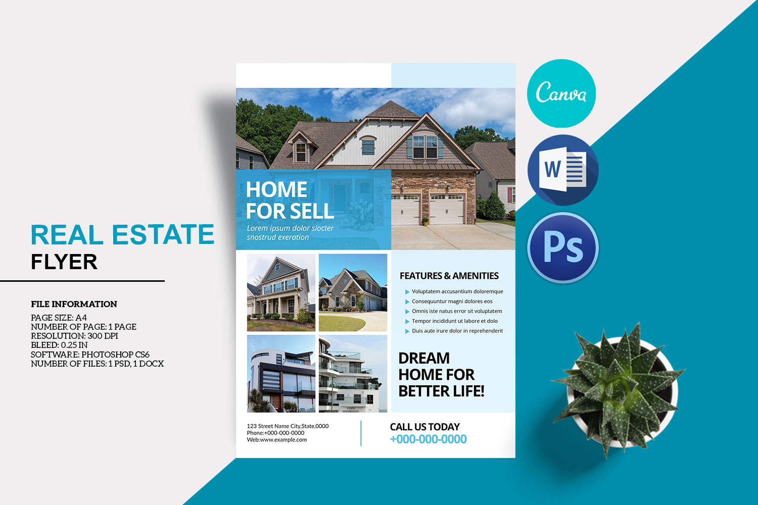 Real Estate Flyer Template. Canva, Ms word and Photoshop template