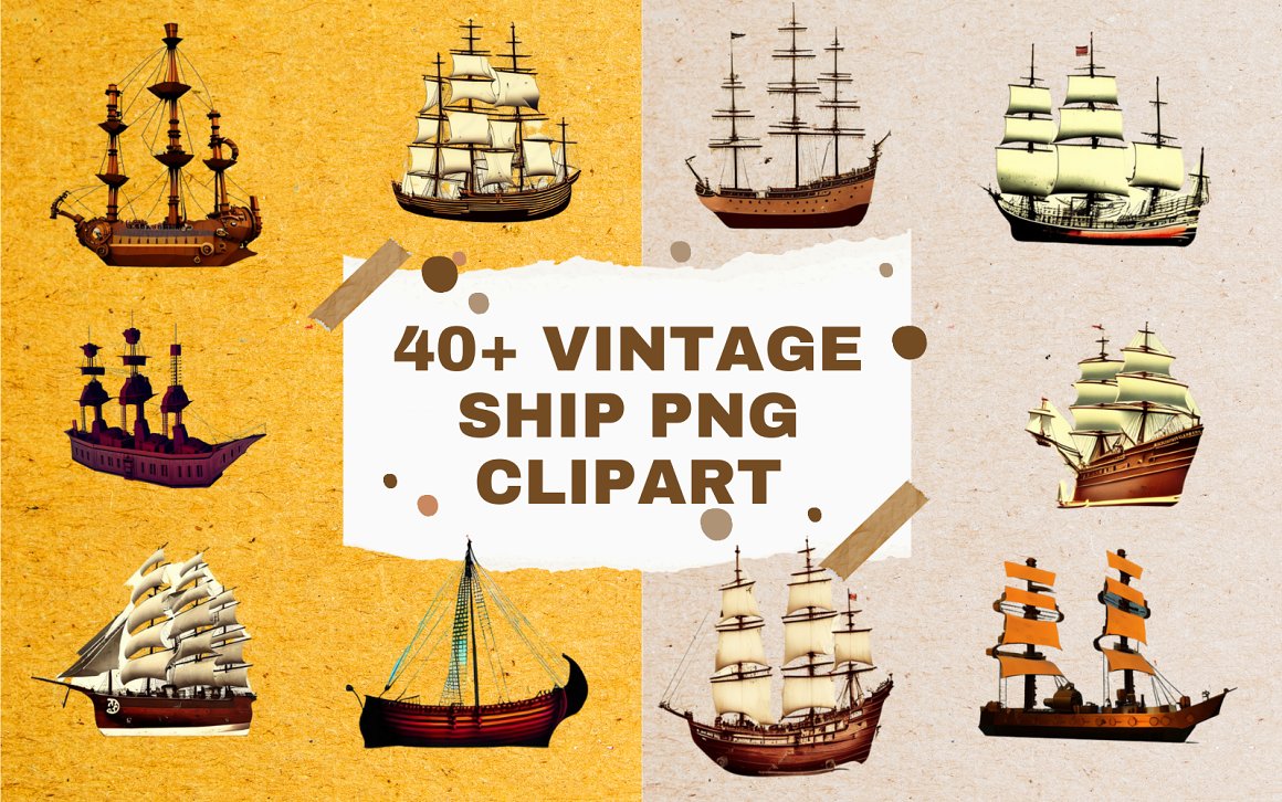 Watercolor Vintage Ship PNG Bundle