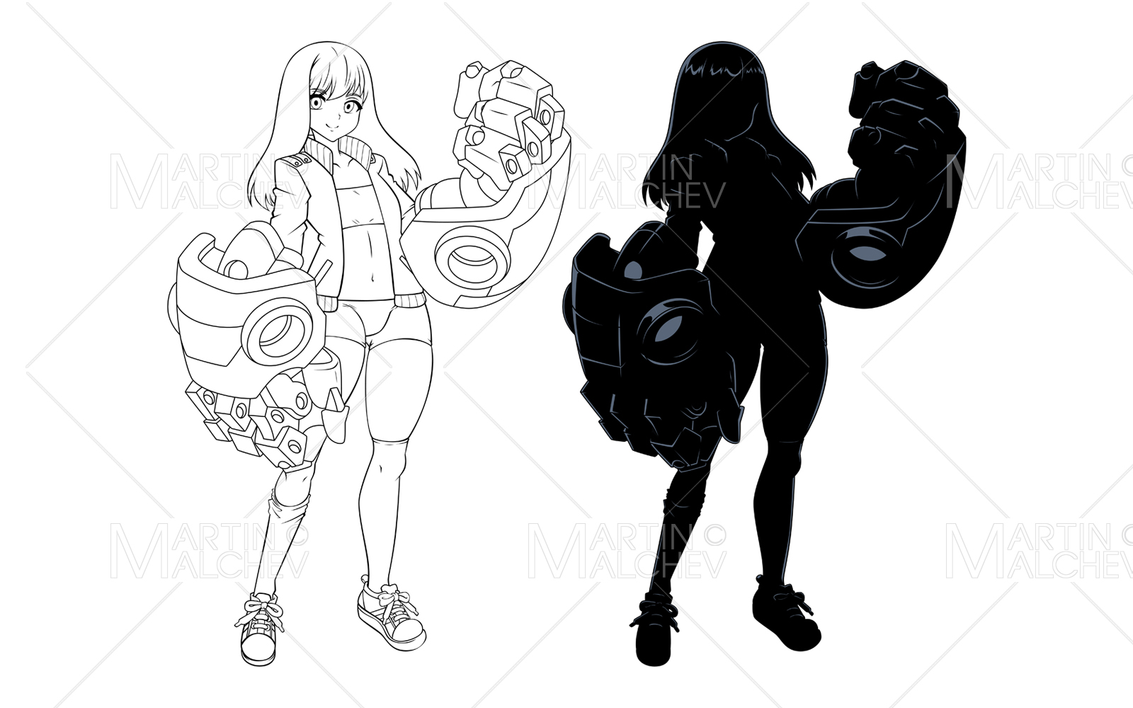 Anime Girl Line Art and Silhouette Vector Illustration