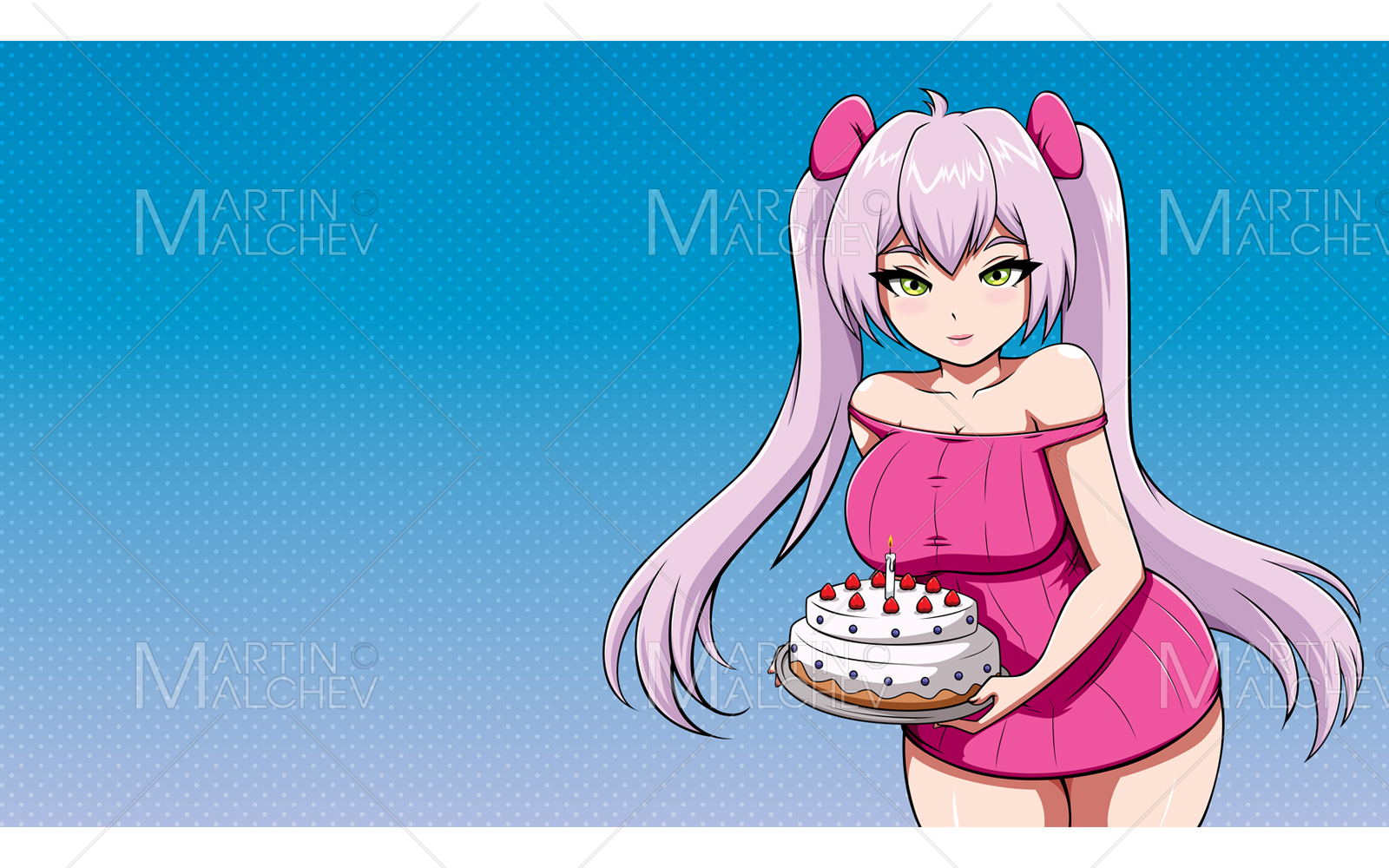 Anime Girl With Birthday Cake Vector Illustration