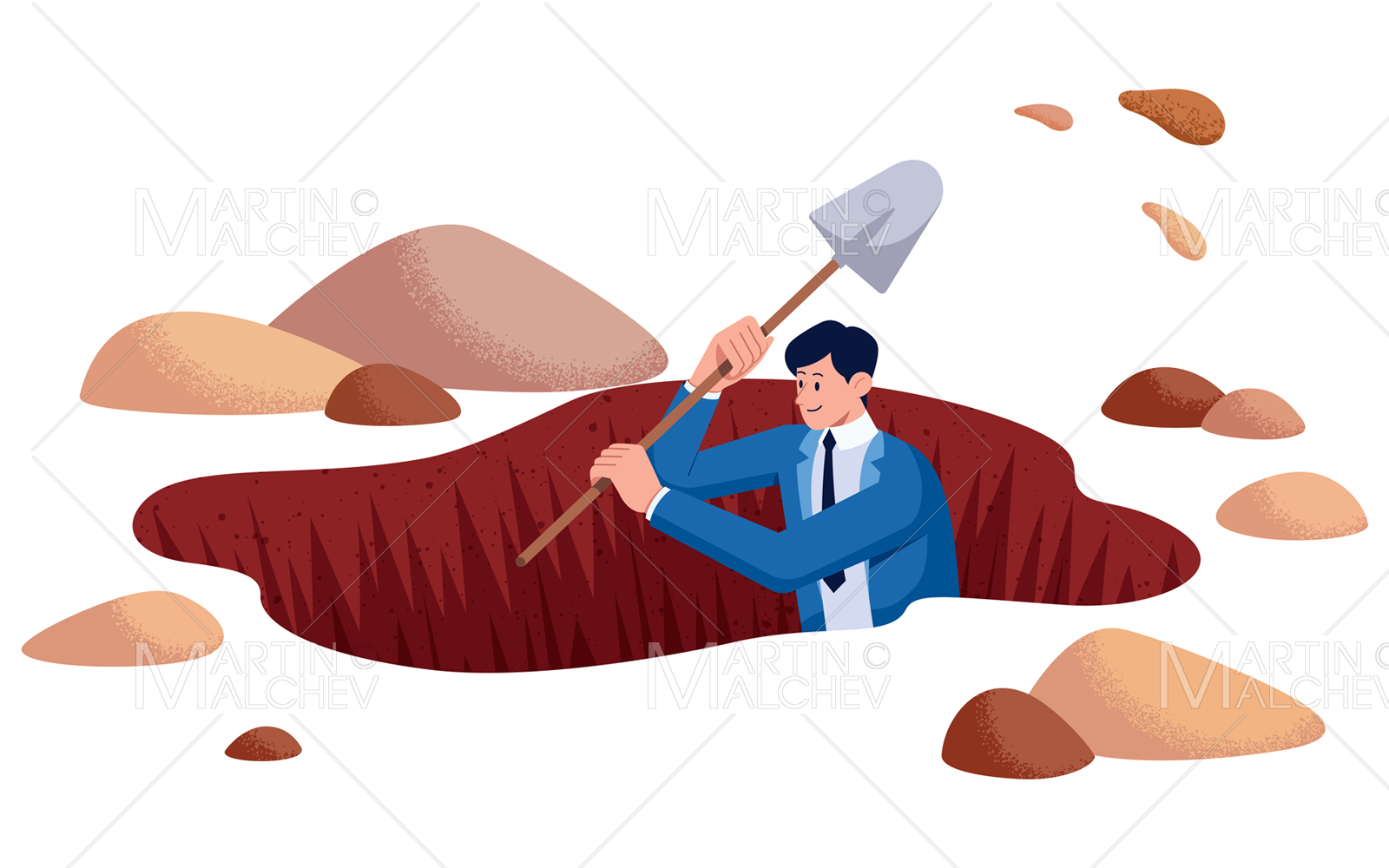 Businessman Digging Hole on White Vector Illustration