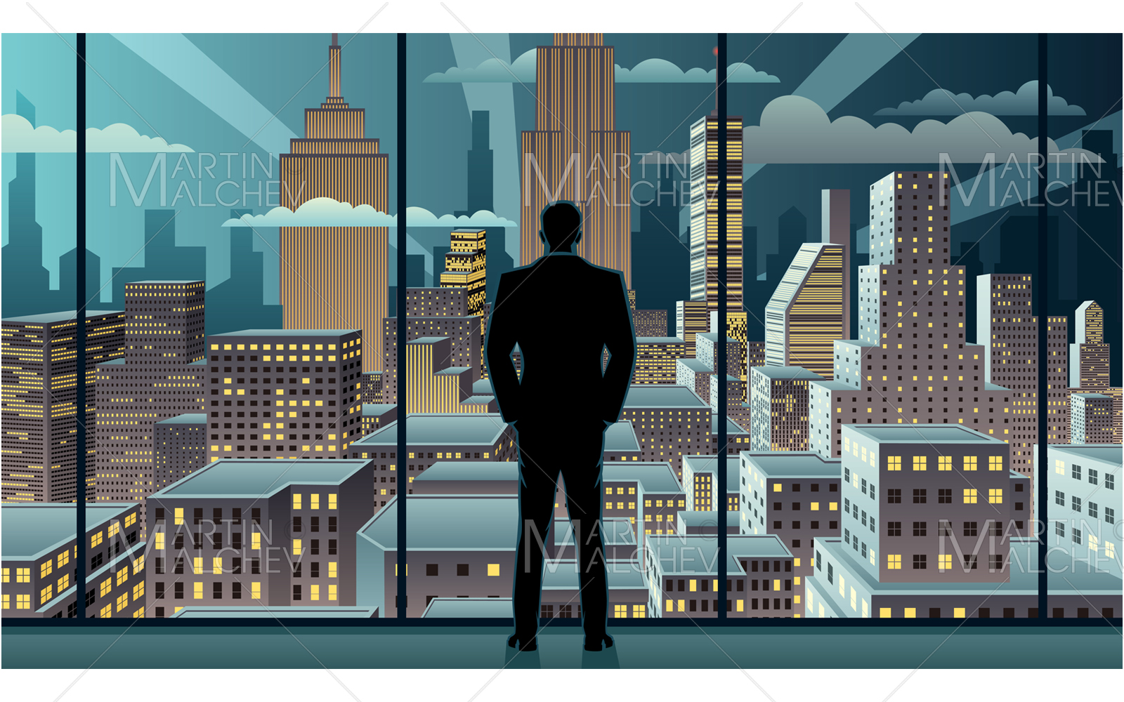 Businessman Watching City Night Vector Illustration