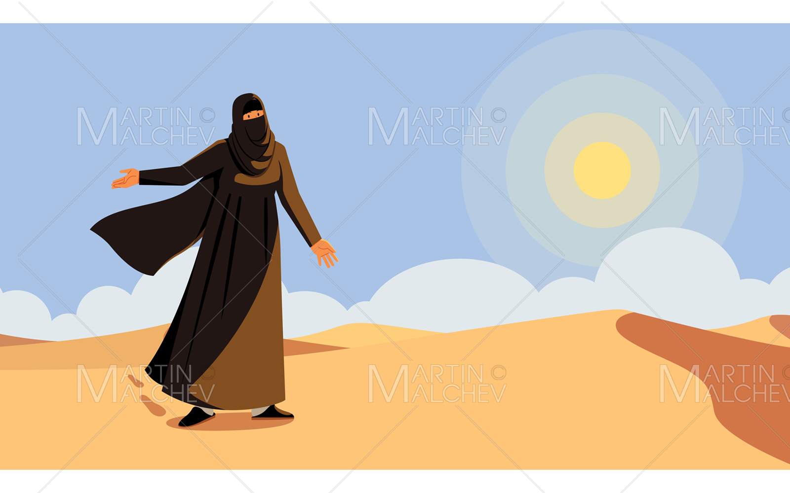 Muslim Woman in Desert Vector Illustration