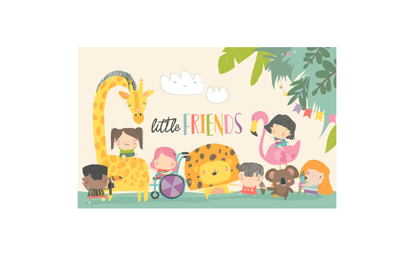 Cute Children With Cartoon Animal Happy Friend Illustration