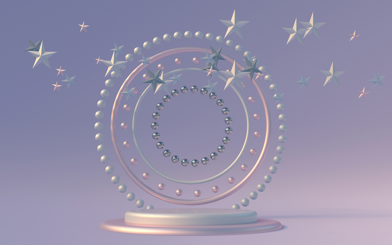 3D abstract composition. Cylinder podium on pastel violet background with flying silver stars.