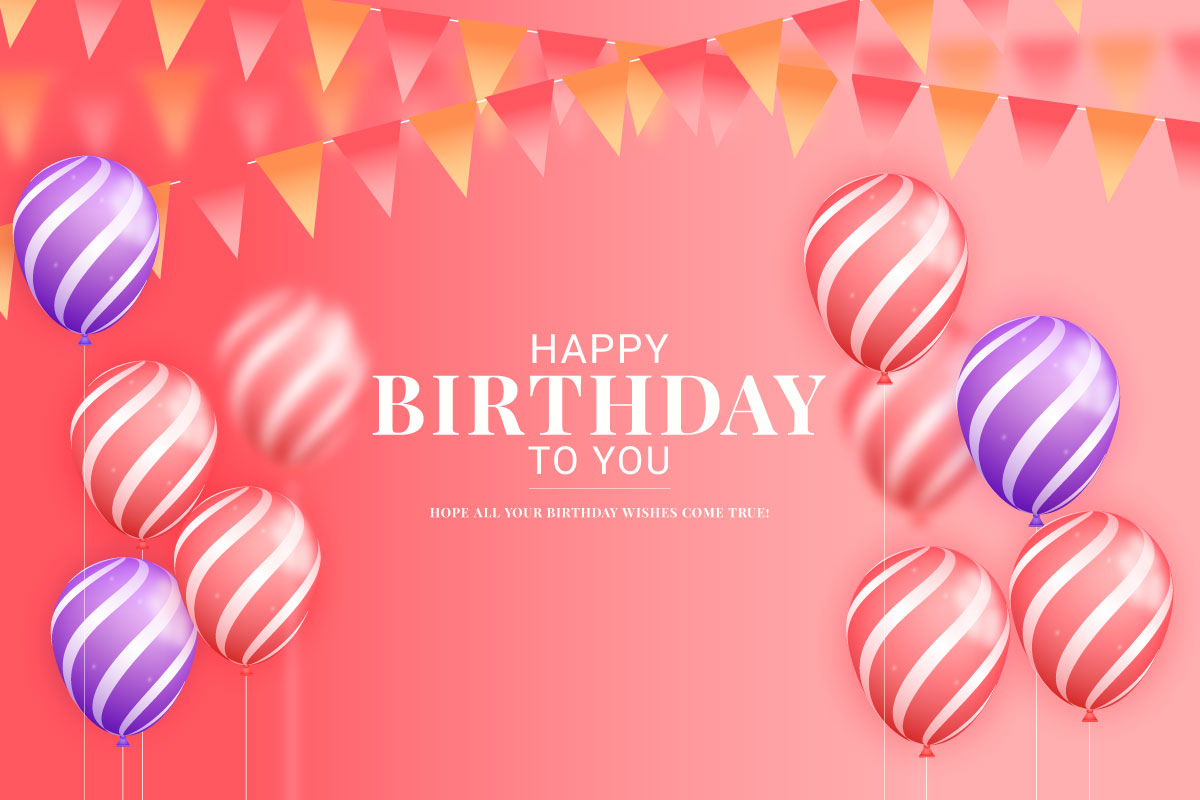 vector happy birthday design with balloon, typography and falling confetti on light background