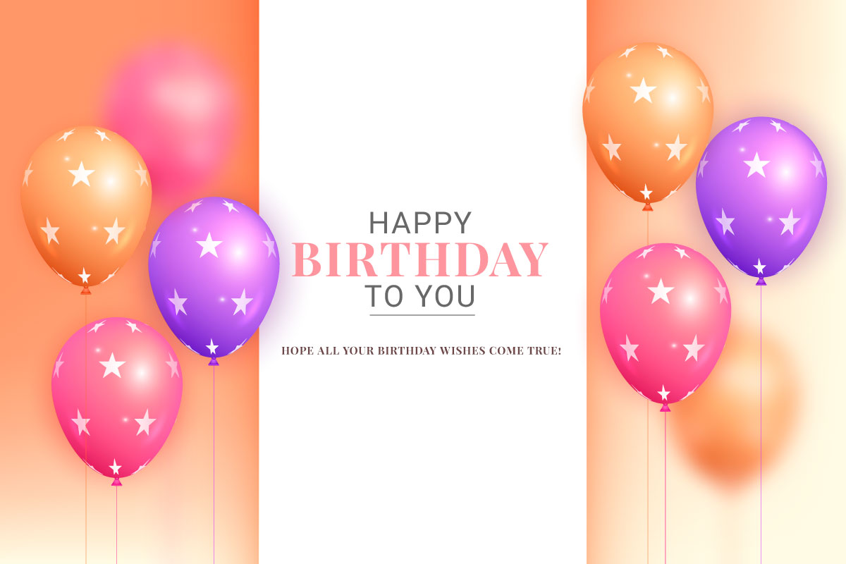 happy birthday design with balloon, typography letter and falling confetti on light