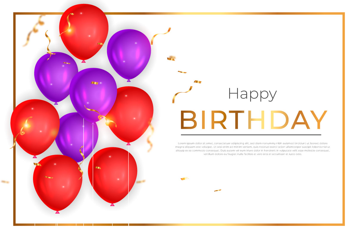 Birthday design with balloon, typography letter and falling confetti on light background idea