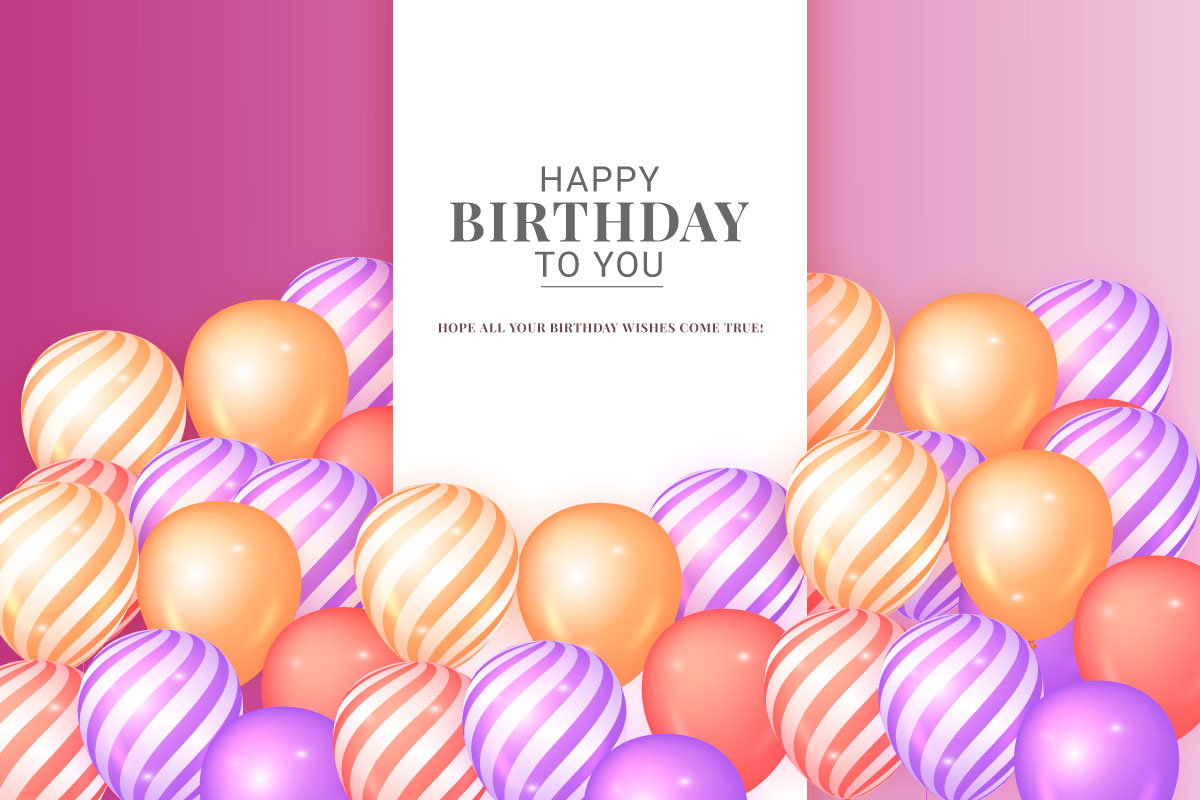 Happy birthday post with balloon, typography letter and falling confetti on light background