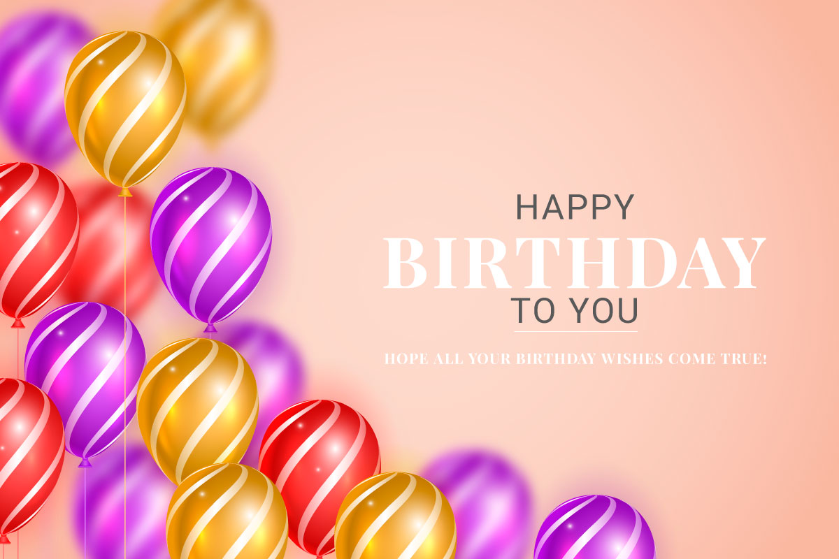 Happy birthday wish  design with balloon, typography letter and falling confetti on light background