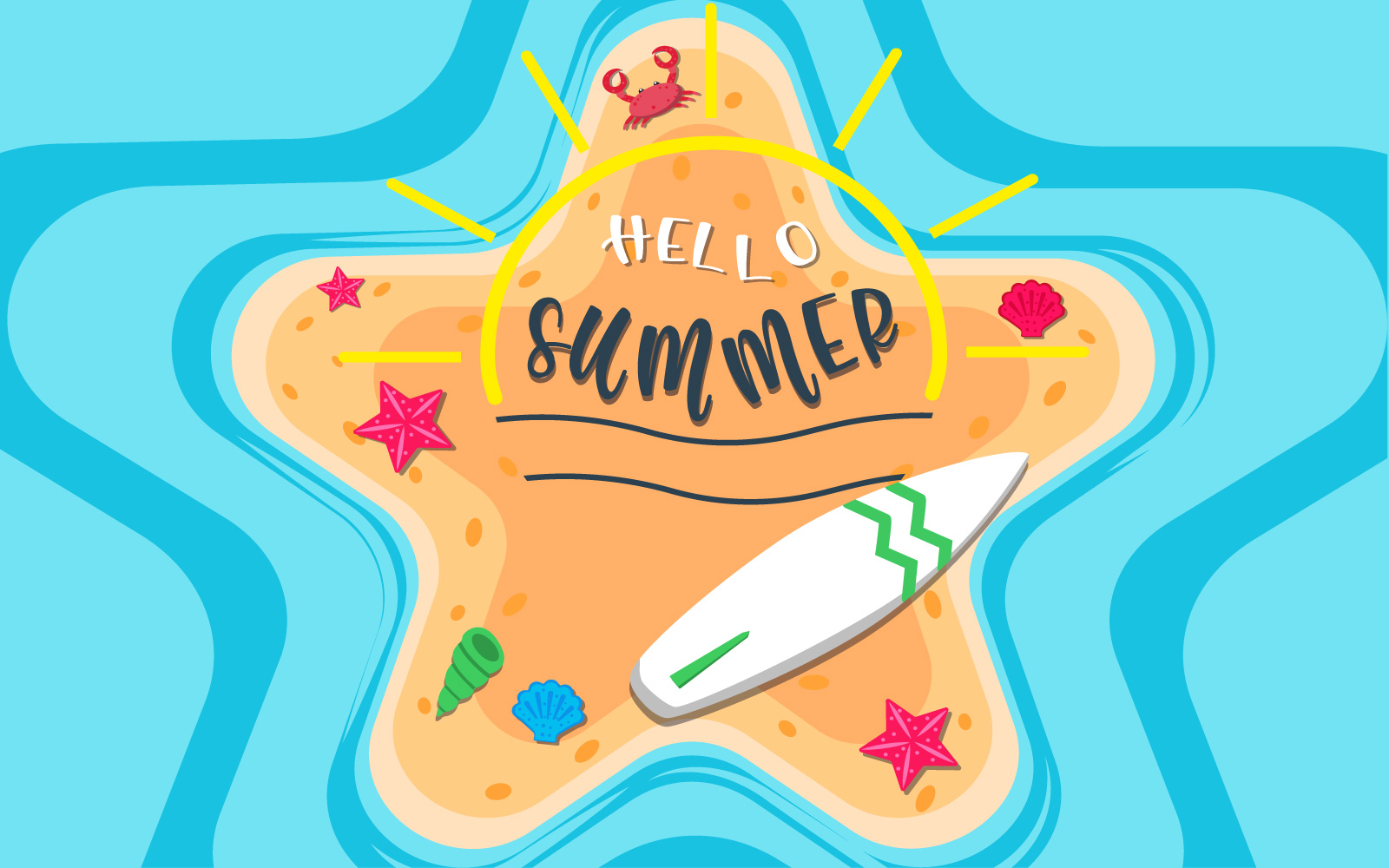 An island in the shape of a starfish - Hello Summer - Beach Summer Background Illustration.