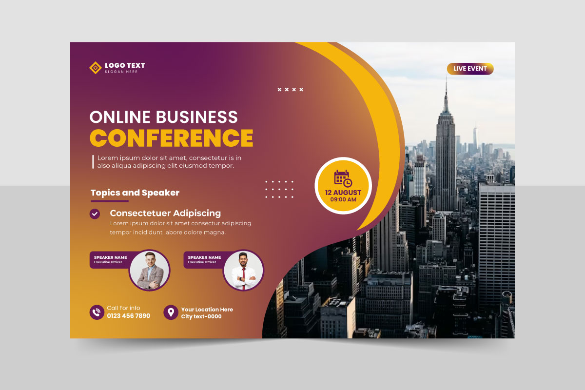 Horizontal business conference flyer template or technology conference social media banner layout