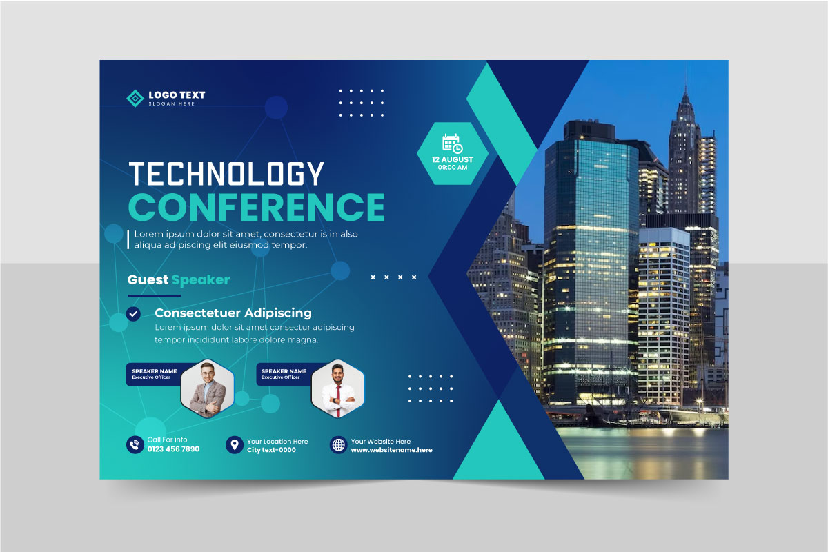 Business technology conference flyer template or business webinar event social media banner layout