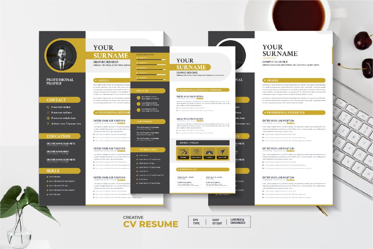 Creative 3 Pages Resume or Cv Template with Cover Letter