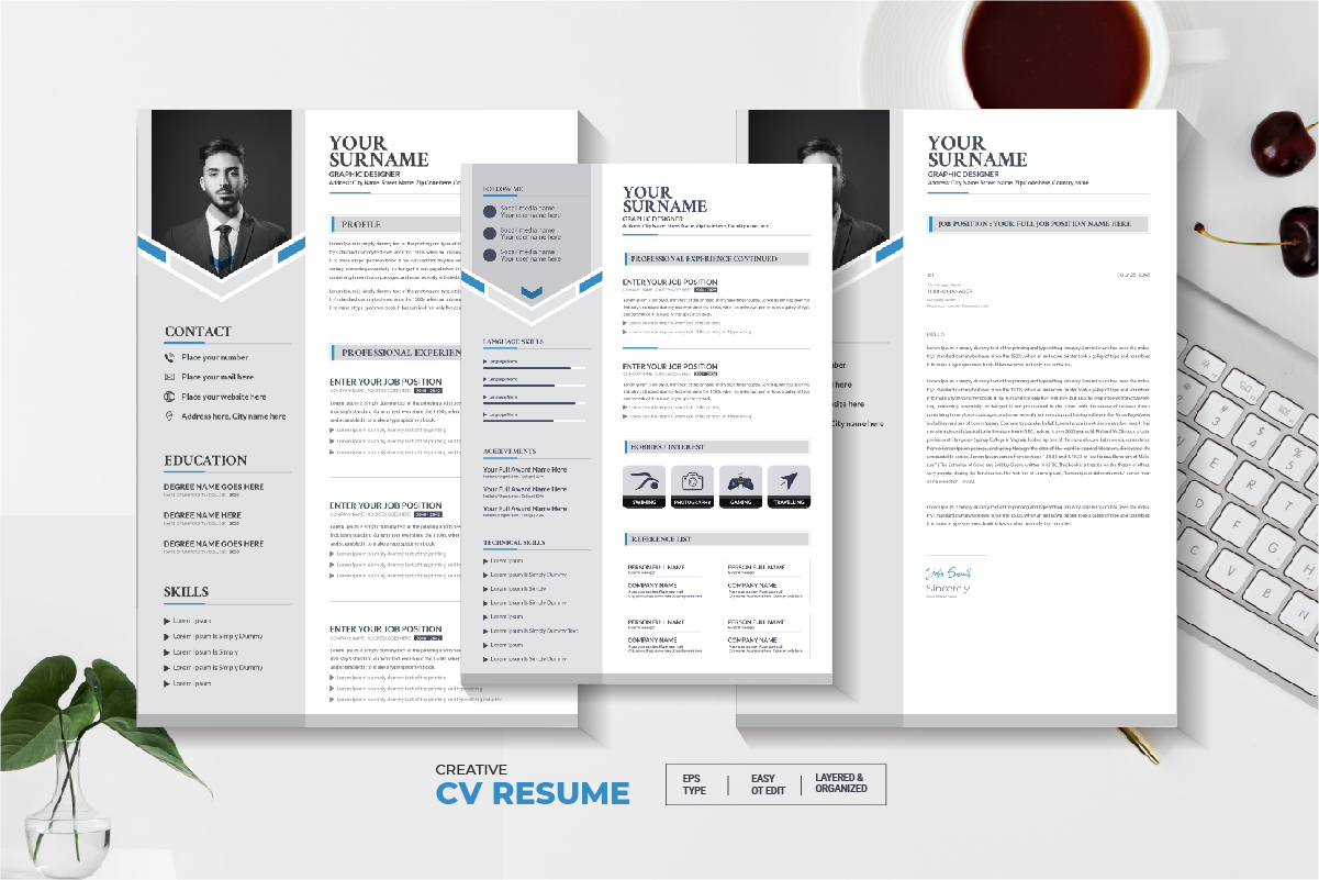 Professional 3 Pages Resume or Cv Template with cover letter