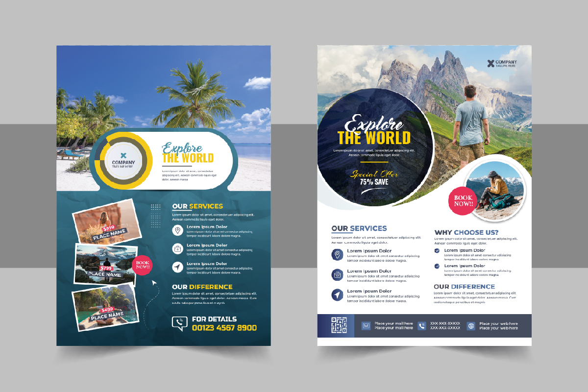 Travel holiday flyer design or brochure cover page template for travel agency