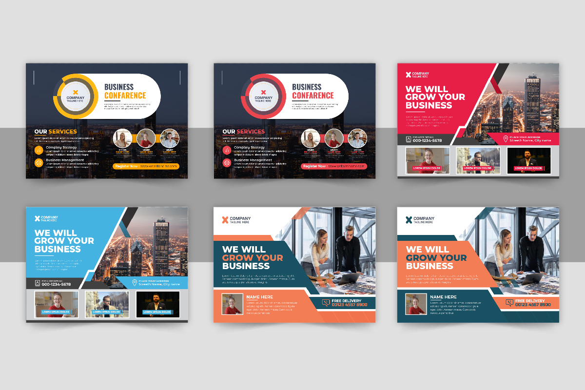 Horizontal conference flyer template set or webinar event invitation web banner set