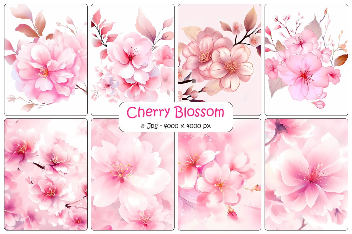 Realistic cherry blossom background and digital paper pack