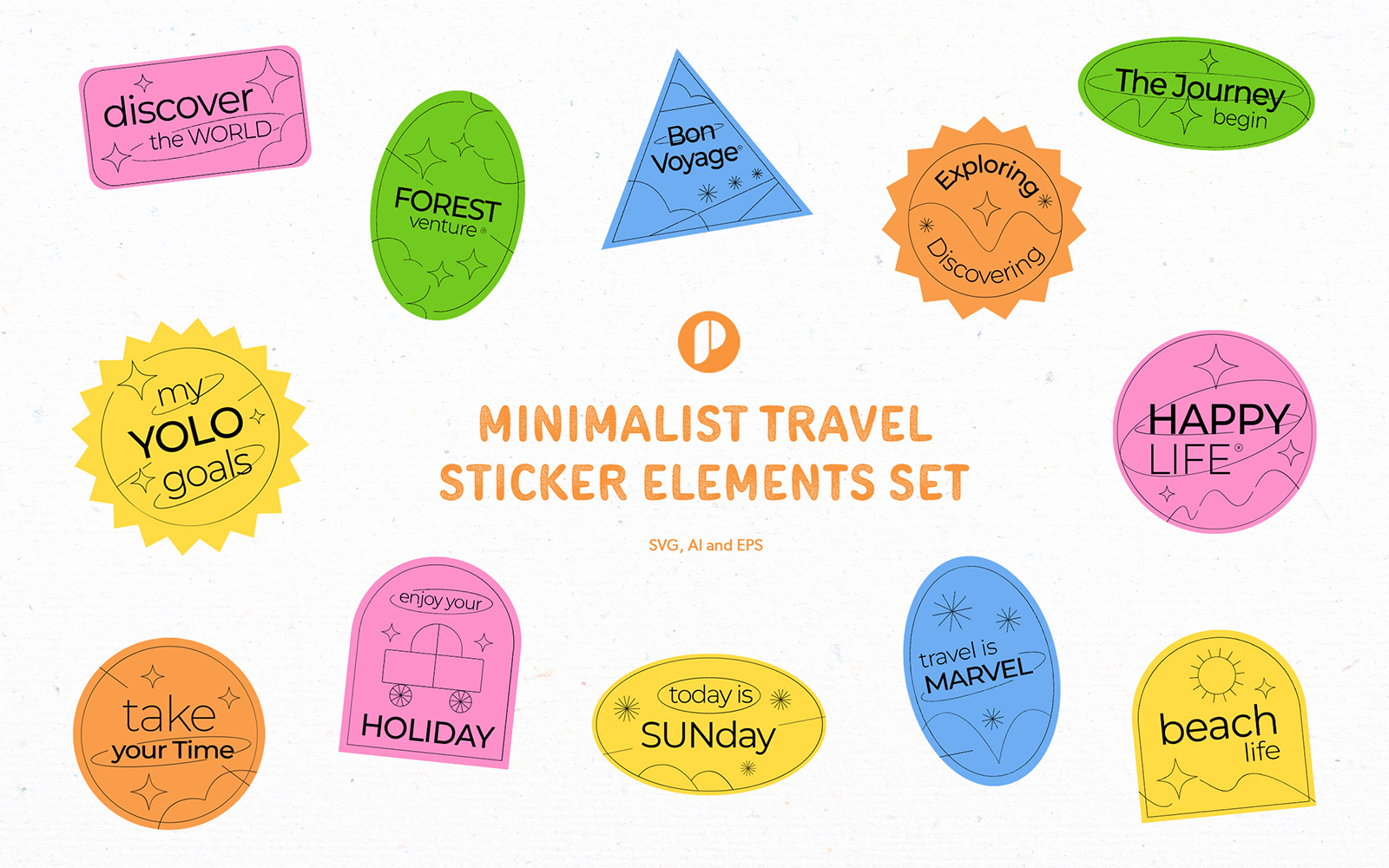Bright Color Minimalist Travel Sticker Elements Set