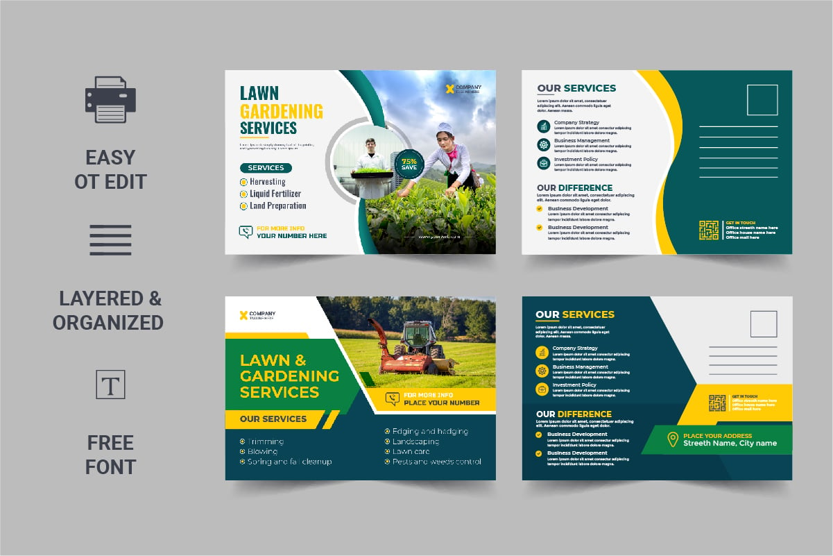 Lawn Mower Garden or Landscaping Service Postcard Template