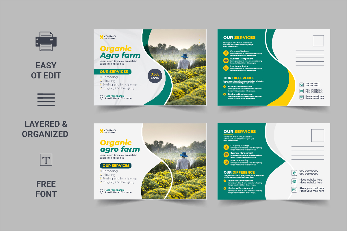 Lawn Mower Garden or Landscaping Service Postcard template design