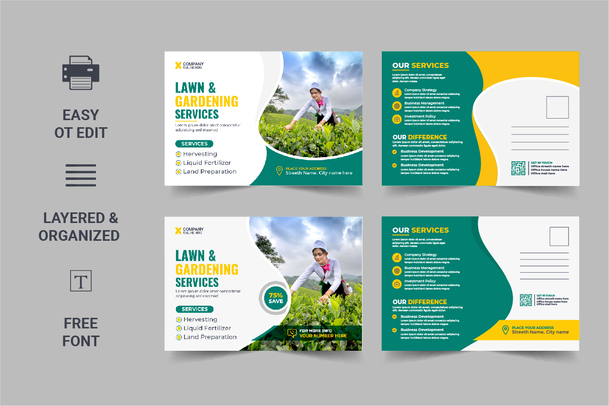 Lawn Mower Garden or Landscaping Service Postcard Template Layout