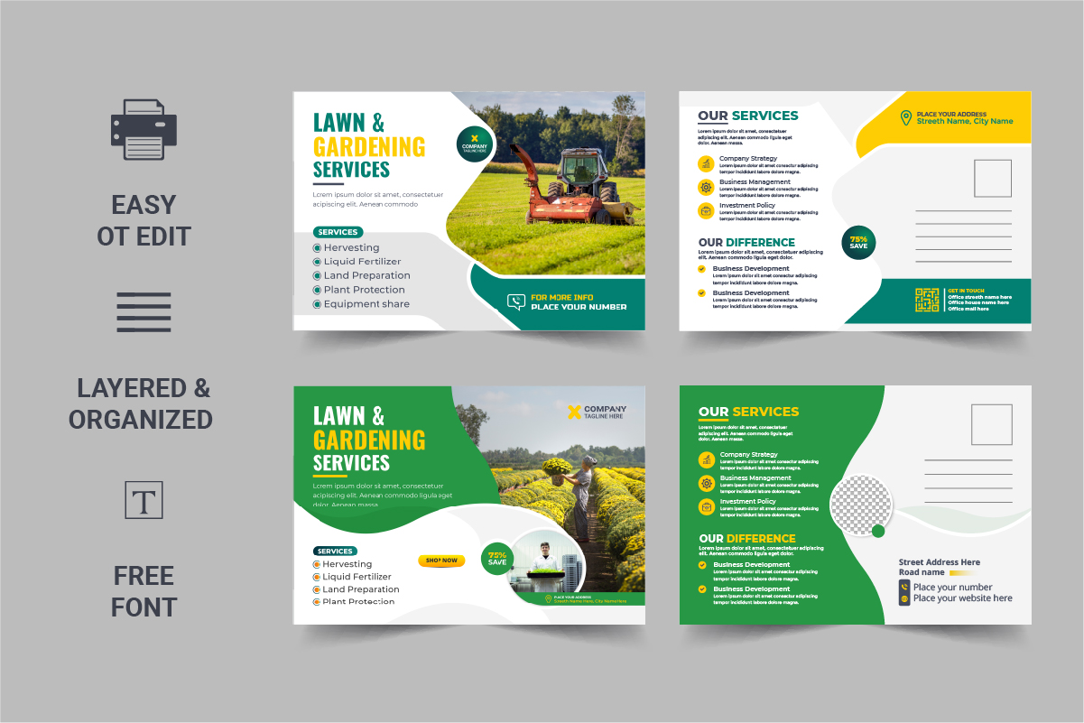 Lawn Mower Garden or Landscaping Service Postcard design Layout