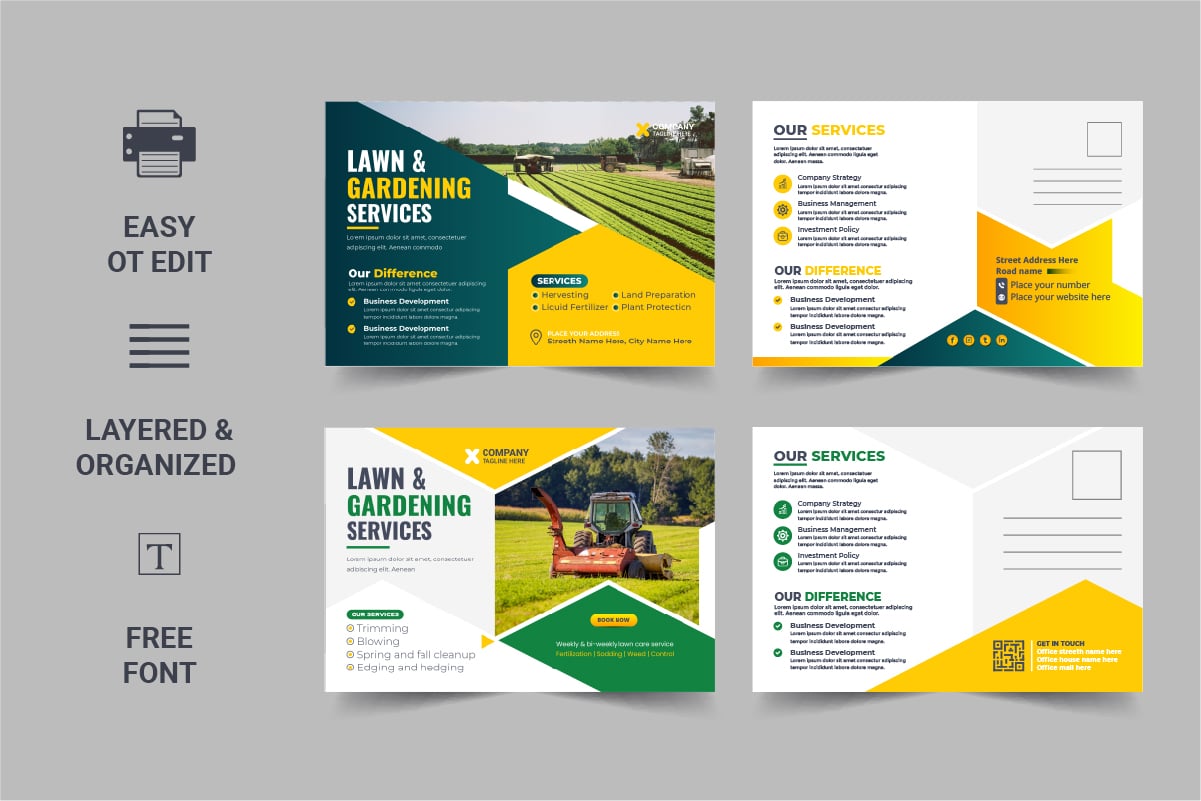 Lawn Mower Garden or Landscaping Service Postcard design template Layout