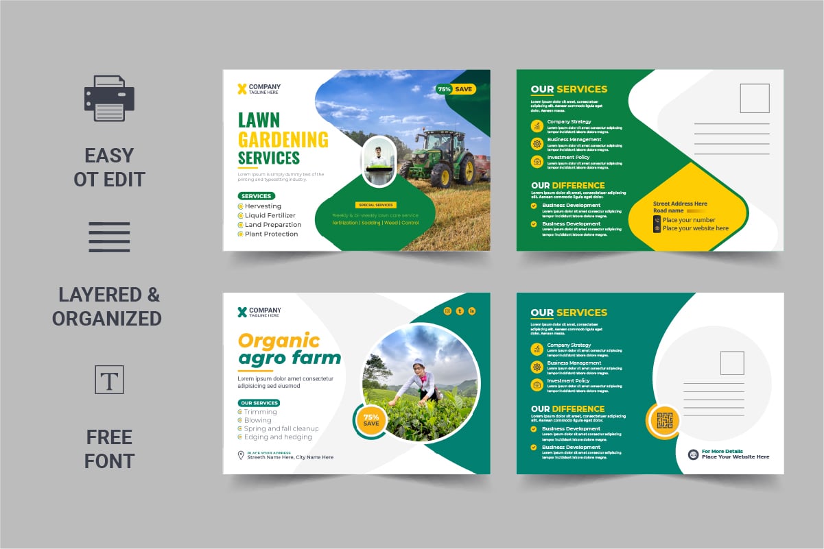 Lawn Mower Garden or Landscaping Service Postcard template design Layout