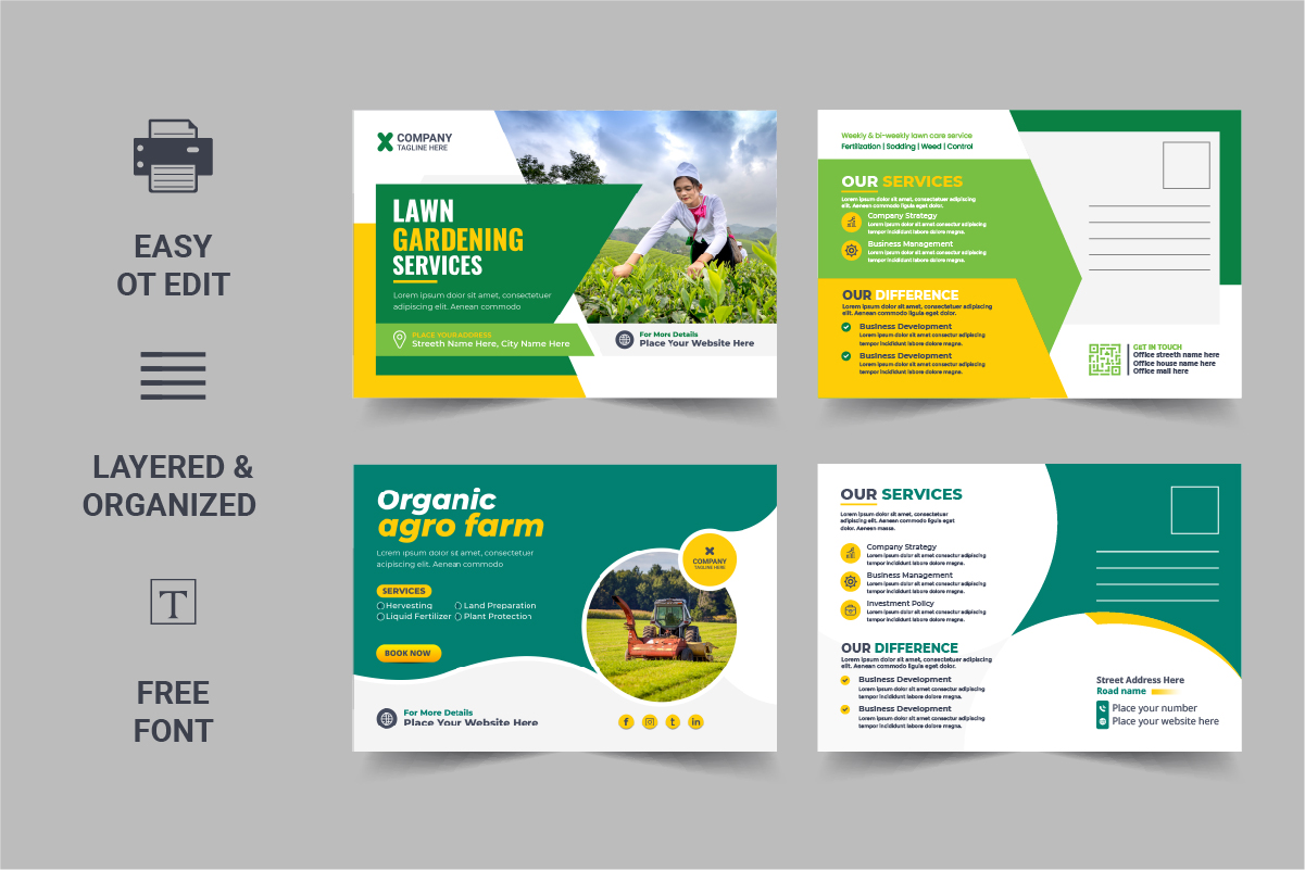 Modern Lawn Mower Garden or Landscaping Service Postcard Template