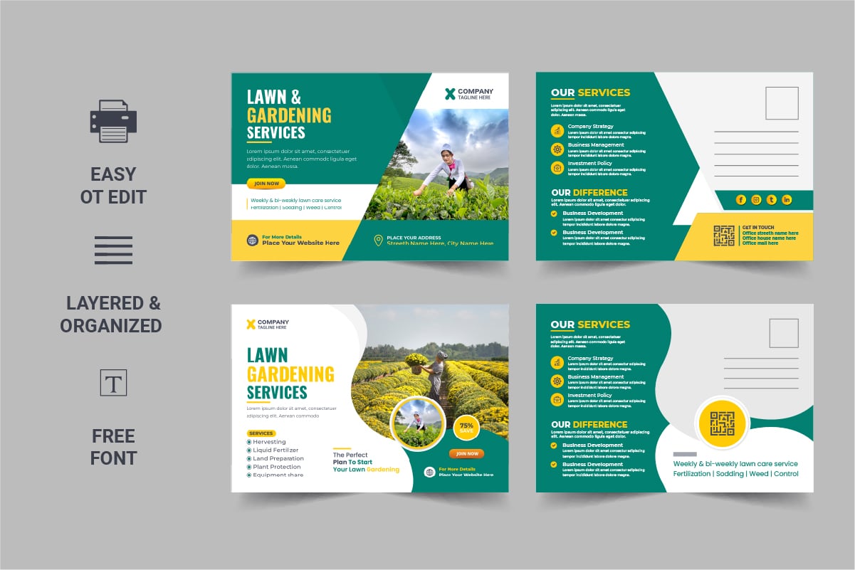 Modern Lawn Mower Garden or Landscaping Service Postcard design