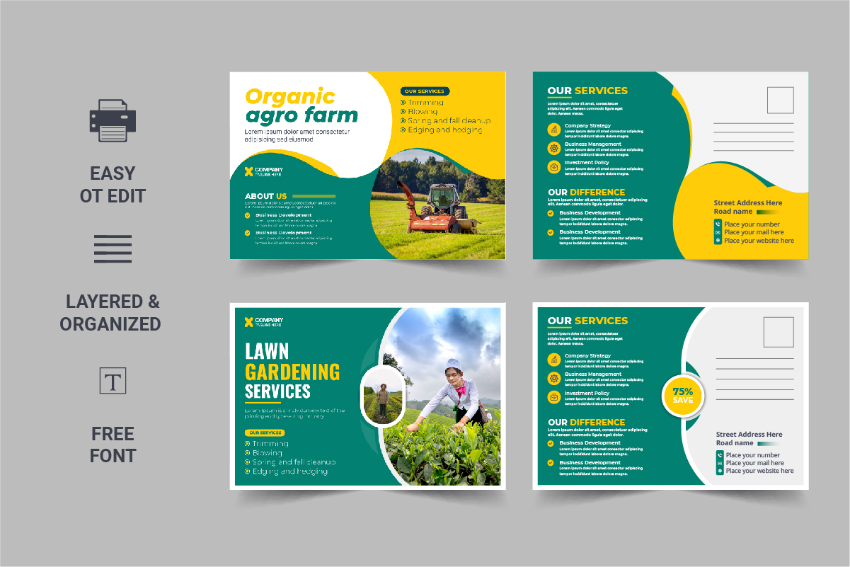 Modern Lawn Mower Garden or Landscaping Service Postcard design template