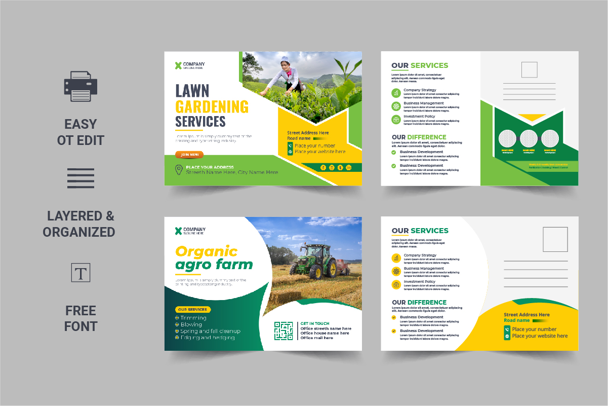 Modern Lawn Mower Garden or Landscaping Service Postcard template design