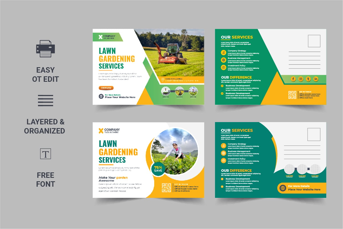 Creative Lawn Mower Garden or Landscaping Service Postcard Template Layout