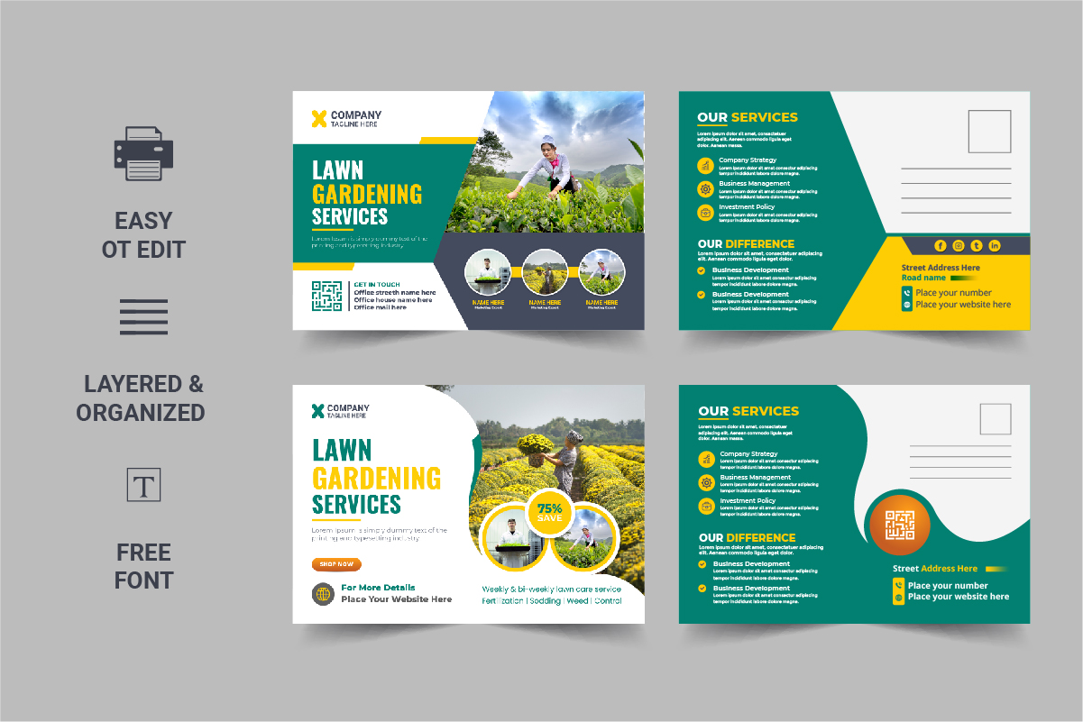 Creative Lawn Mower Garden or Landscaping Service Postcard design Layout