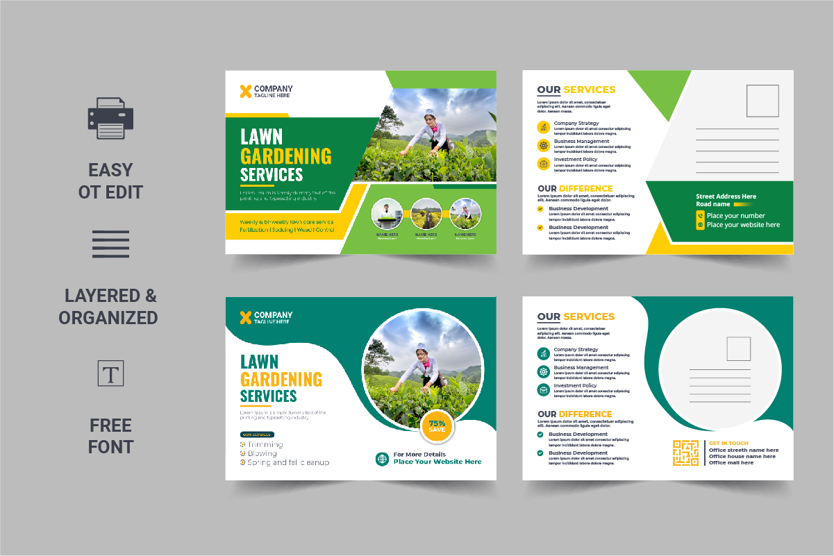 Creative Lawn Mower Garden or Landscaping Service Postcard design template Layout