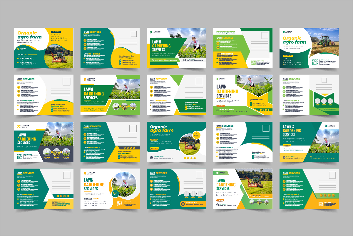 Lawn Mower Garden or Landscaping Service Postcard Template bundle