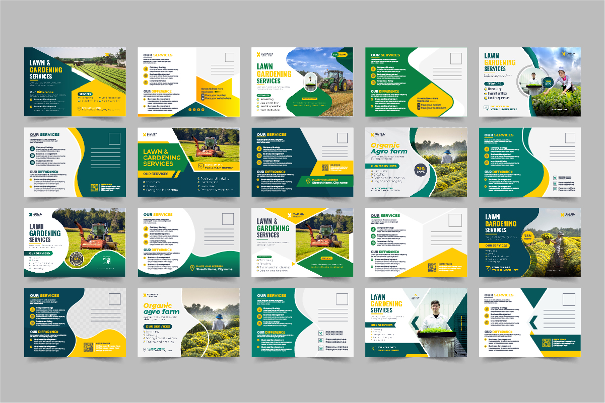 Lawn Mower Garden or Landscaping Service Postcard design template Layout Bundle
