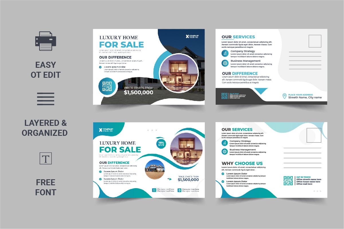 Modern Real Estate Postcard Template, Real Estate or home sale eddm Postcard Design