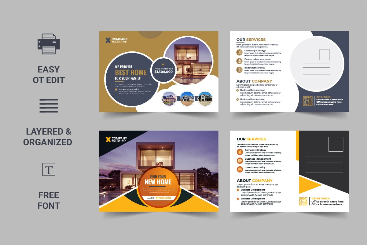 Real Estate Postcard Template, Real Estate or home sale Postcard Design Template Layout