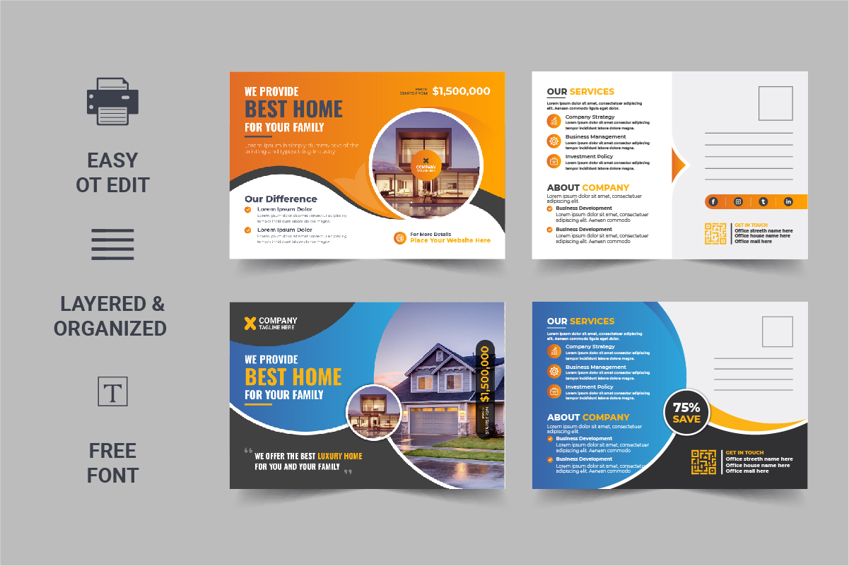 Modern Real Estate Postcard Template, Real Estate or home sale eddm Postcard Layout