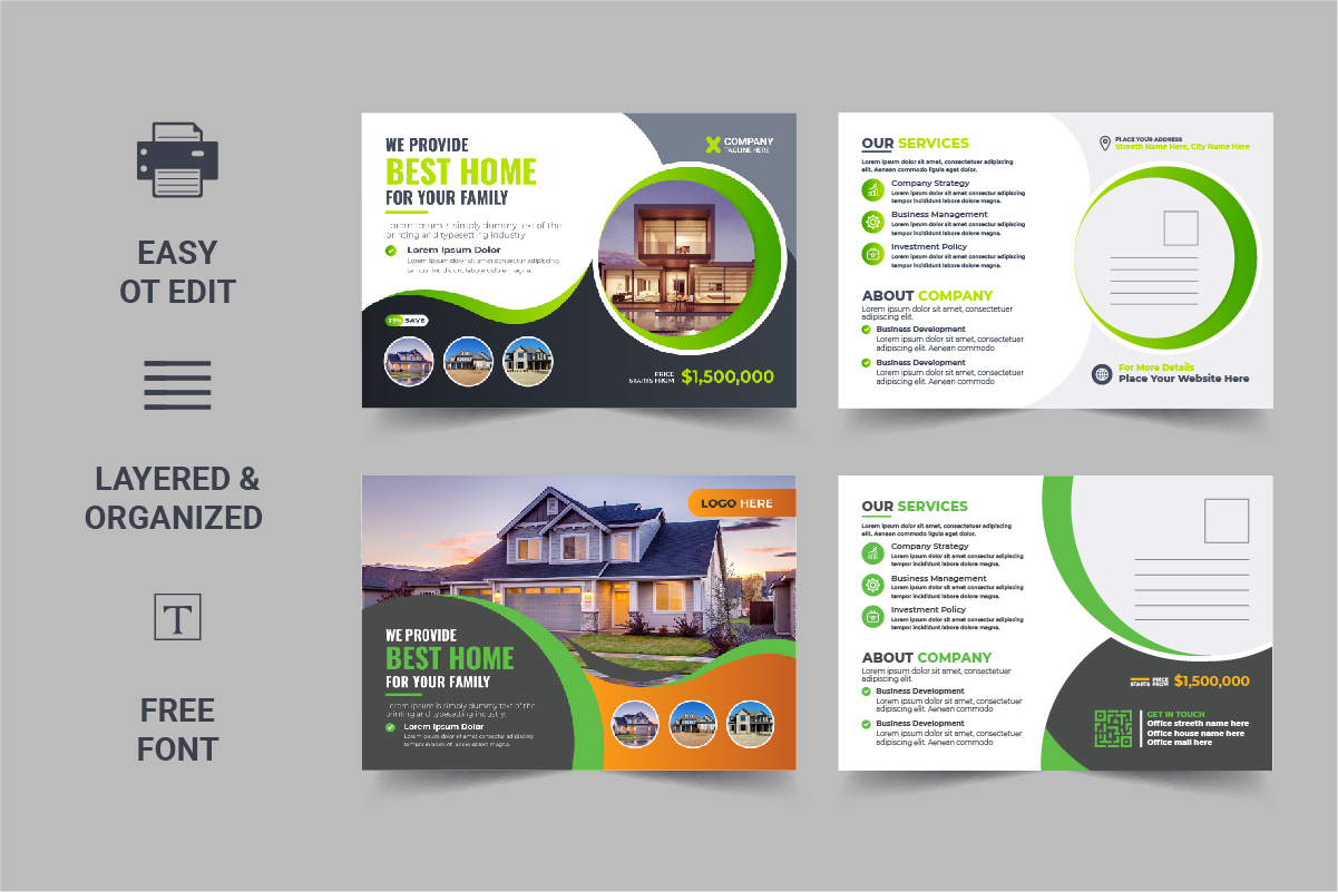 Modern Real Estate Postcard Template, Real Estate or home sale eddm Postcard Design Layout