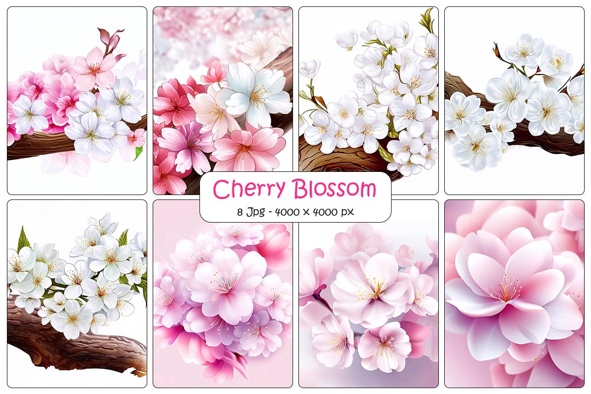 Realistic cherry blossom flower background and digital paper pack